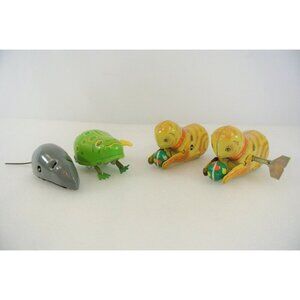 Tin Litho Toys Lot of 4 Wind-Up Mouse Frog Cats Comes with Key Made in China